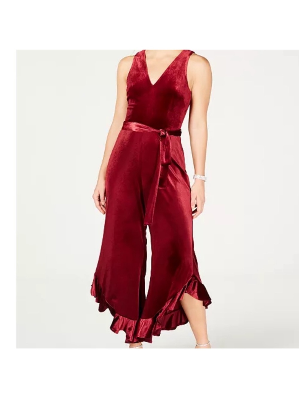 Betsey Johnson Burgundy Velvet V-Neck Ruffle-Hem Jumpsuit